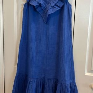 CHICO'S Tiered Ruffle Gauze Midi Casual Solid Blue Dress
